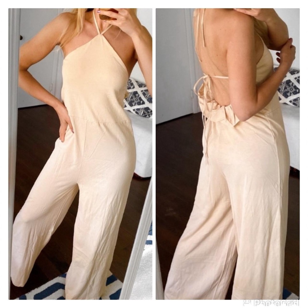 Zara Halter Ruffle Back Wide Leg Jumpsuit Beige Size Small Cotton Stretchy NWT